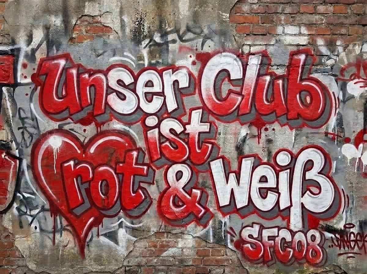 Graffiti auf einer Backsteinwand: Unser Club ist rot und weiß – SFC08, daneben ein rotes Herz.